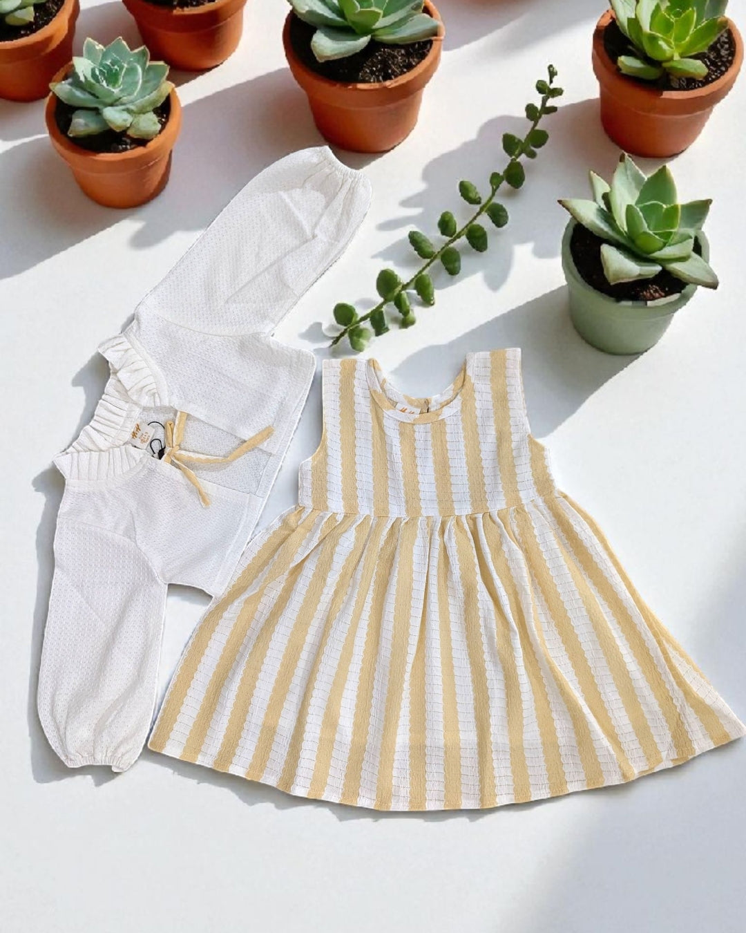 Yellow Striped Sleeveless Dress & White Shrug Set