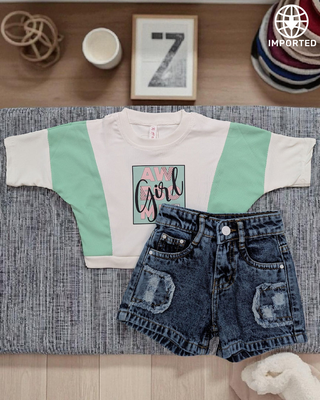 Stylish "AW Girl" T-Shirt & Denim Shorts Set - Imported
