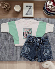 Stylish "AW Girl" T-Shirt & Denim Shorts Set - Imported