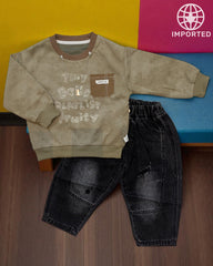Imported Kids' Fashion Set(Olive Green Winter Sweatshirt and Black pant): Colorful, Comfortable, and Trendy!