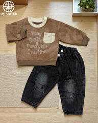 Imported "Tiny Gallery" Brown Sweatshirt with Chain Detail & Distressed Black Jeans Set for Kids