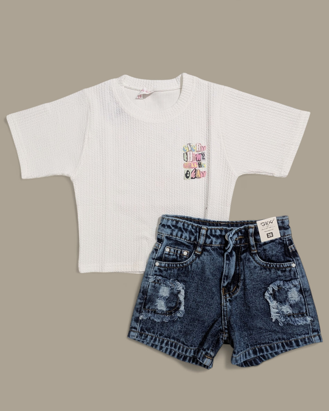 Kids' White Waffle Tee & Distressed Denim Shorts Set