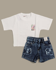 Kids' White Waffle Tee & Distressed Denim Shorts Set