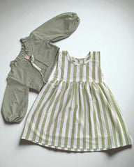 Green Striped Sleeveless Dress & Green Shrug Set