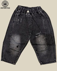 Imported "Tiny Gallery" Brown Sweatshirt with Chain Detail & Distressed Black Jeans Set for Kids