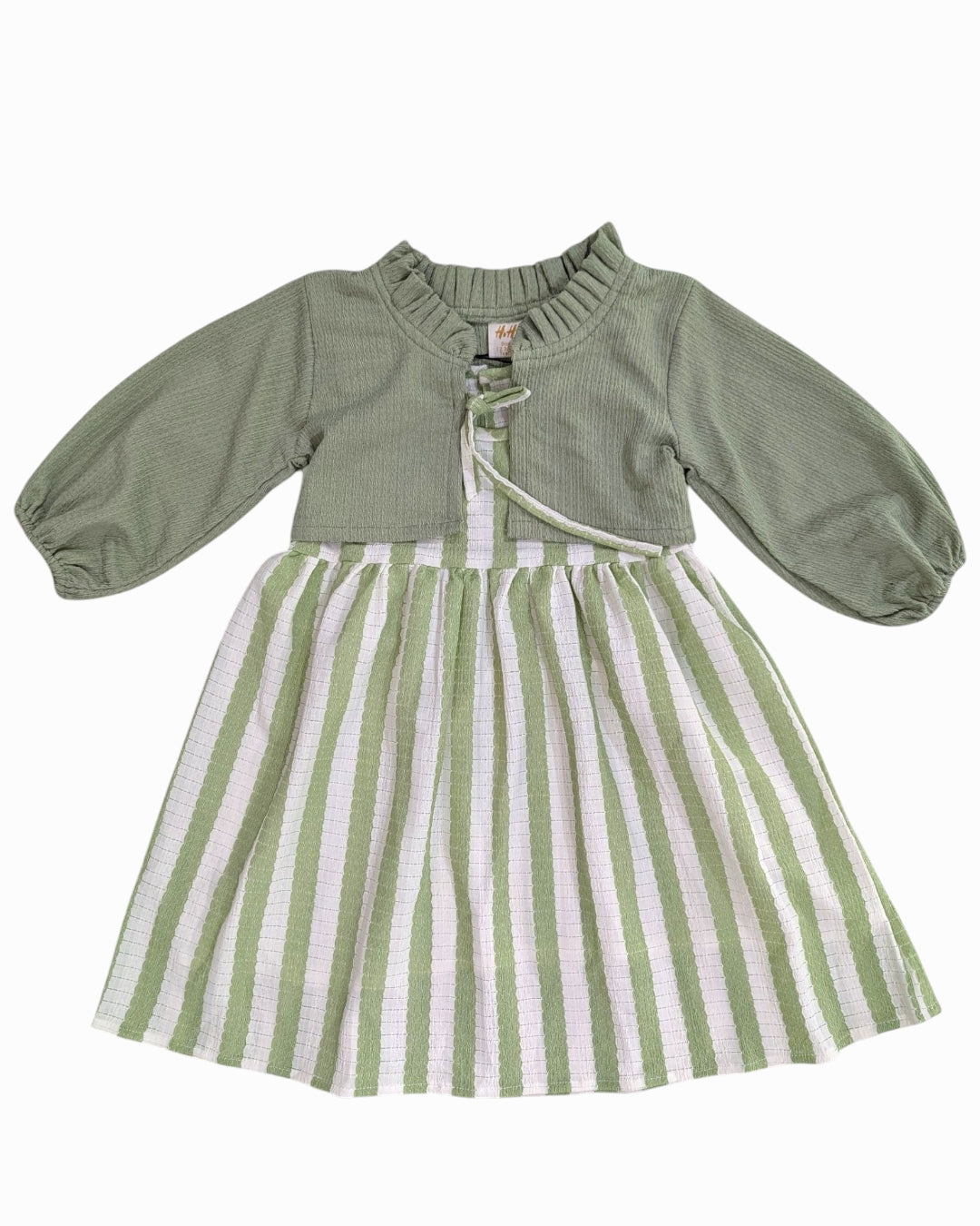 Green Striped Sleeveless Dress & Green Shrug Set