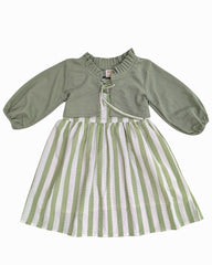 Green Striped Sleeveless Dress & Green Shrug Set