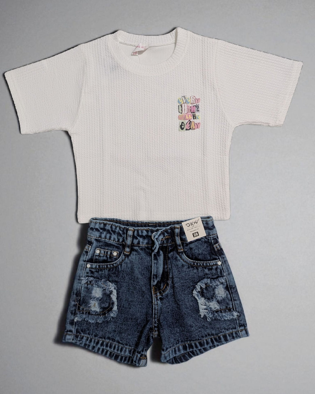 Kids' White Waffle Tee & Distressed Denim Shorts Set