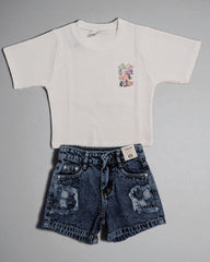 Kids' White Waffle Tee & Distressed Denim Shorts Set