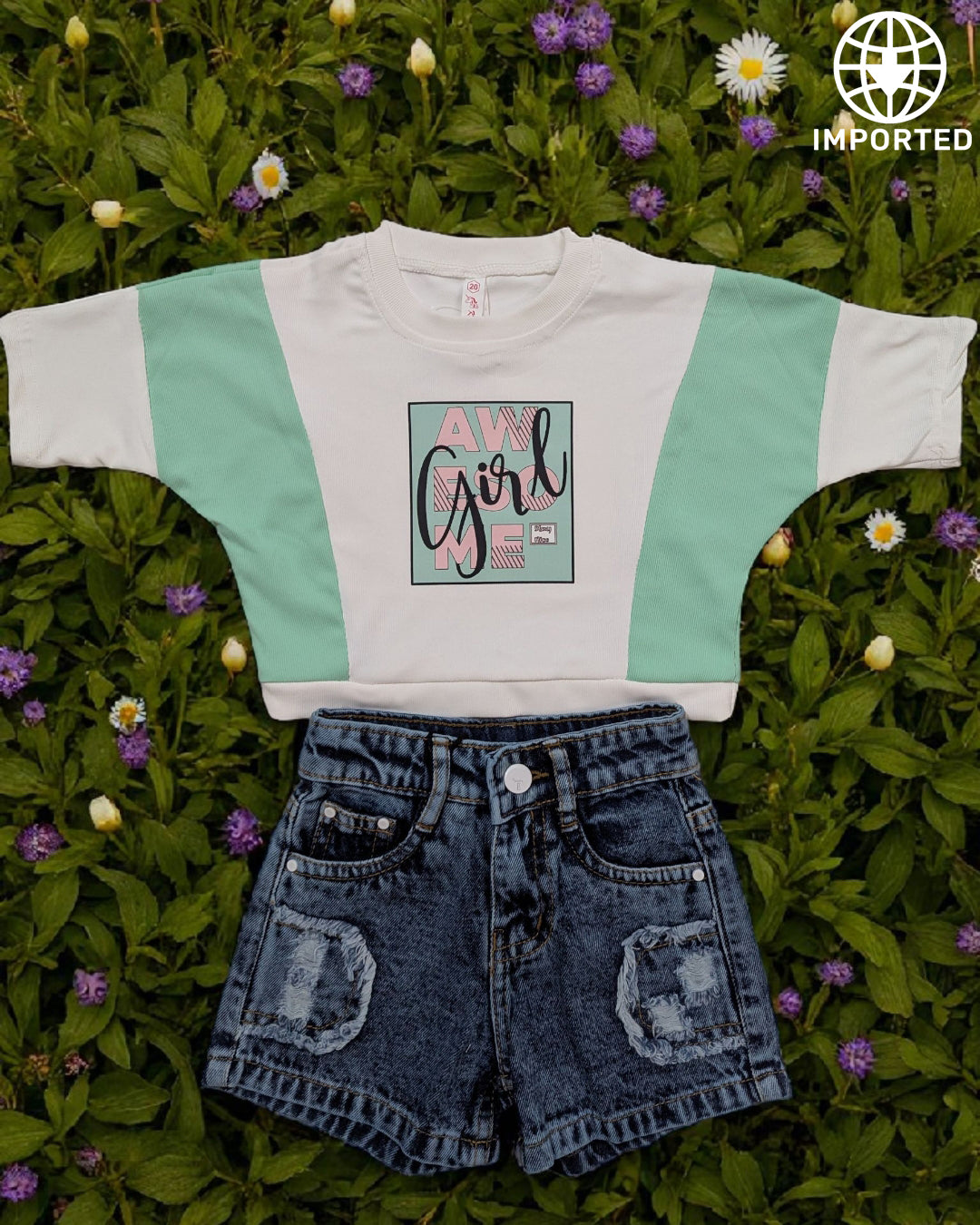 Stylish "AW Girl" T-Shirt & Denim Shorts Set - Imported